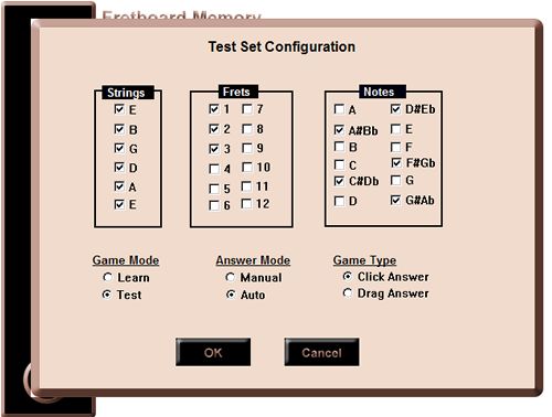 Screen shot of Fretboard Memory program depicting configuration screen